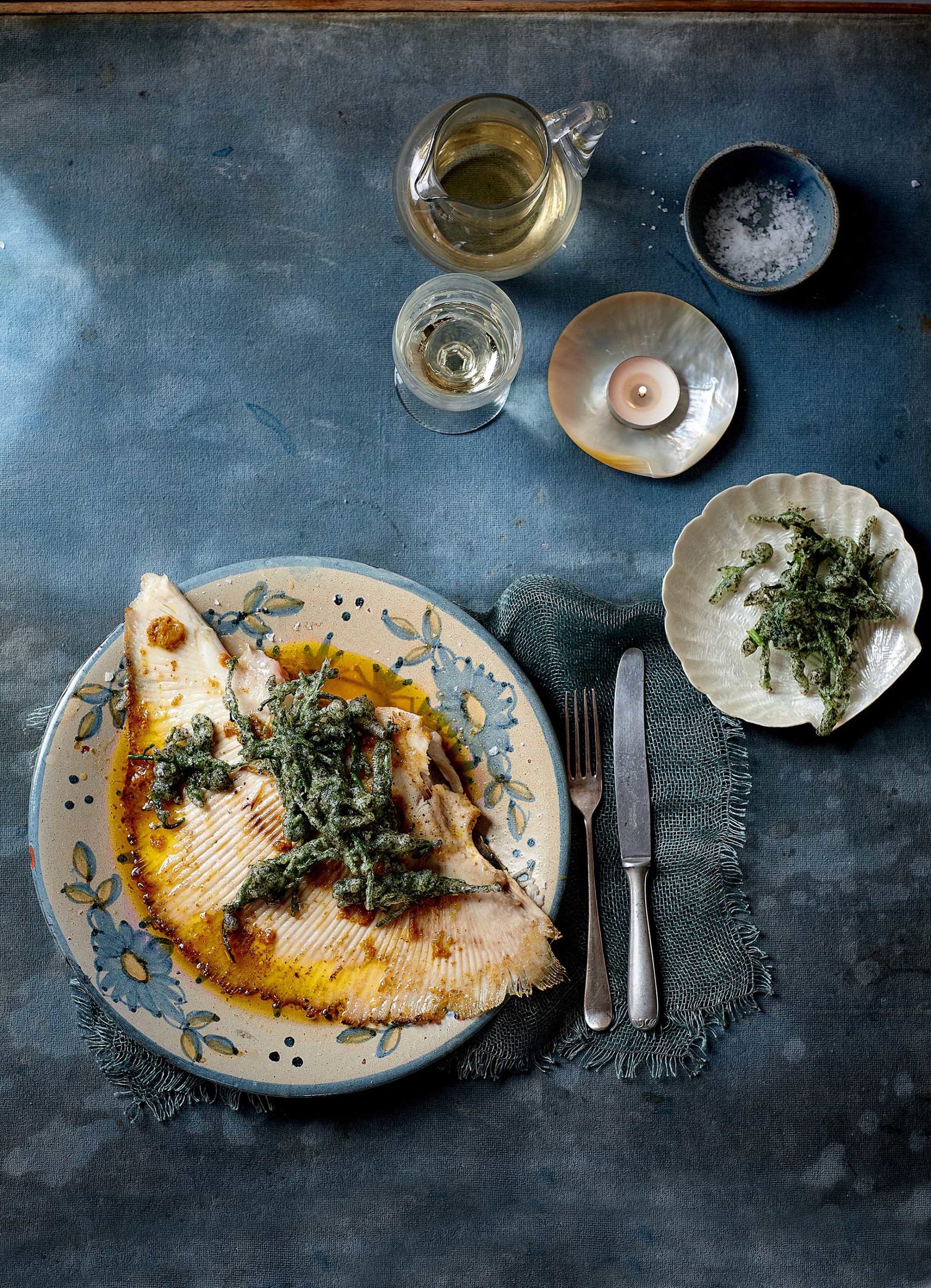 Skate with Lime Pickle Brown Butter, Tempura Samphire and Nori - Another Pantry