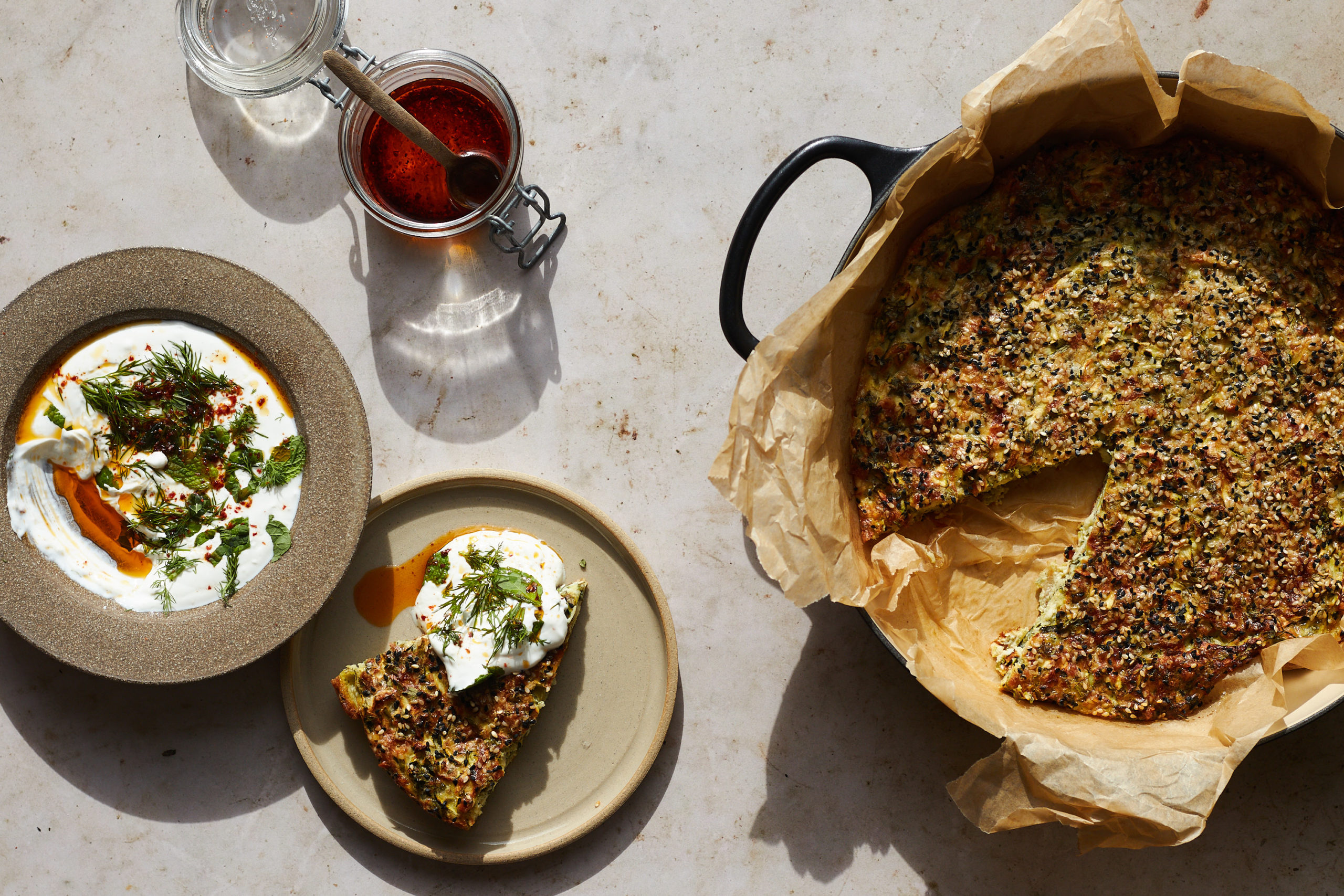 Baked Mücver (Courgette Fritter) with Garlic Yoghurt - Another Pantry