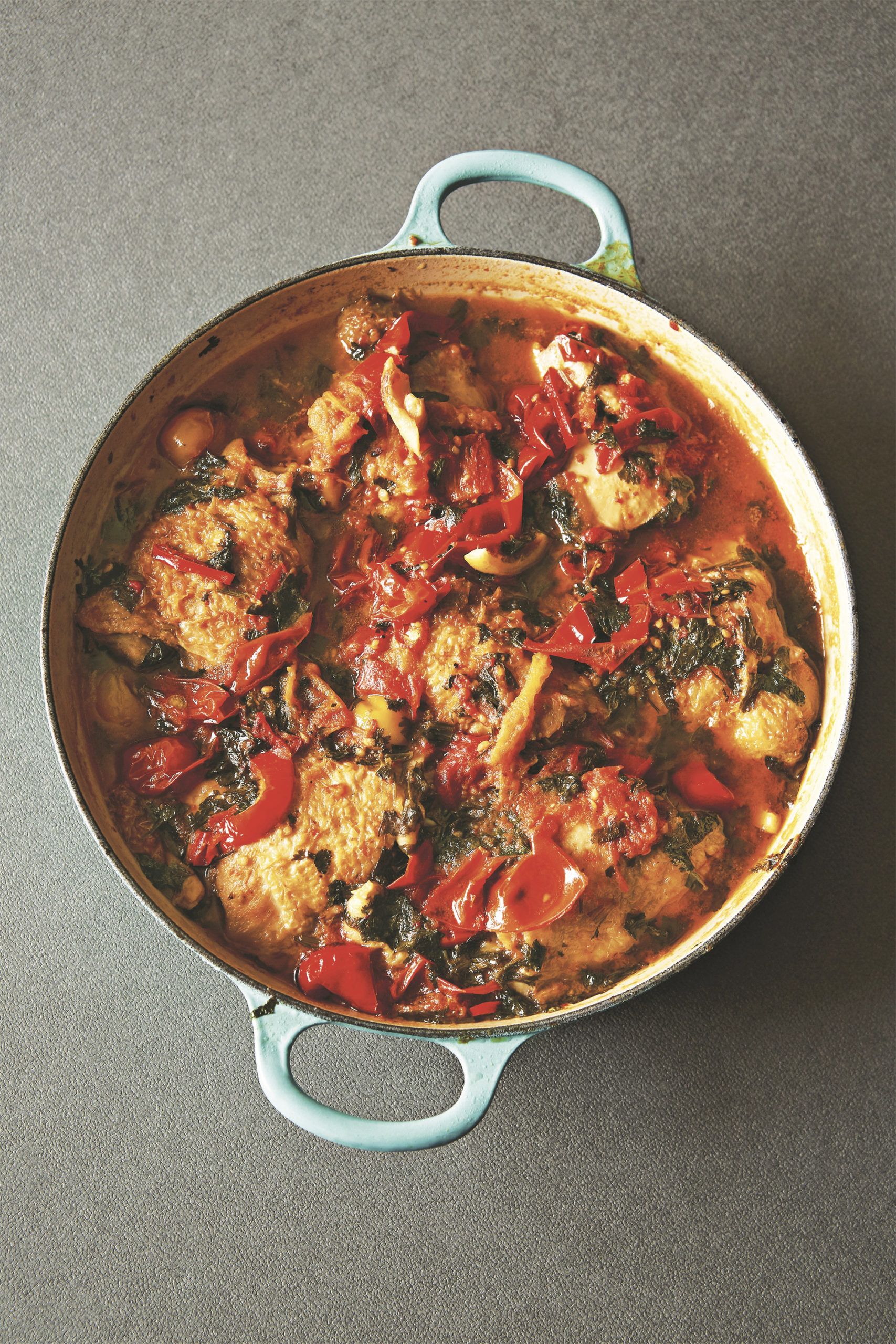 Chicken braised in Spicy Matbucha & Cracked Wheat Pilaf - Honey & Co - Another Pantry
