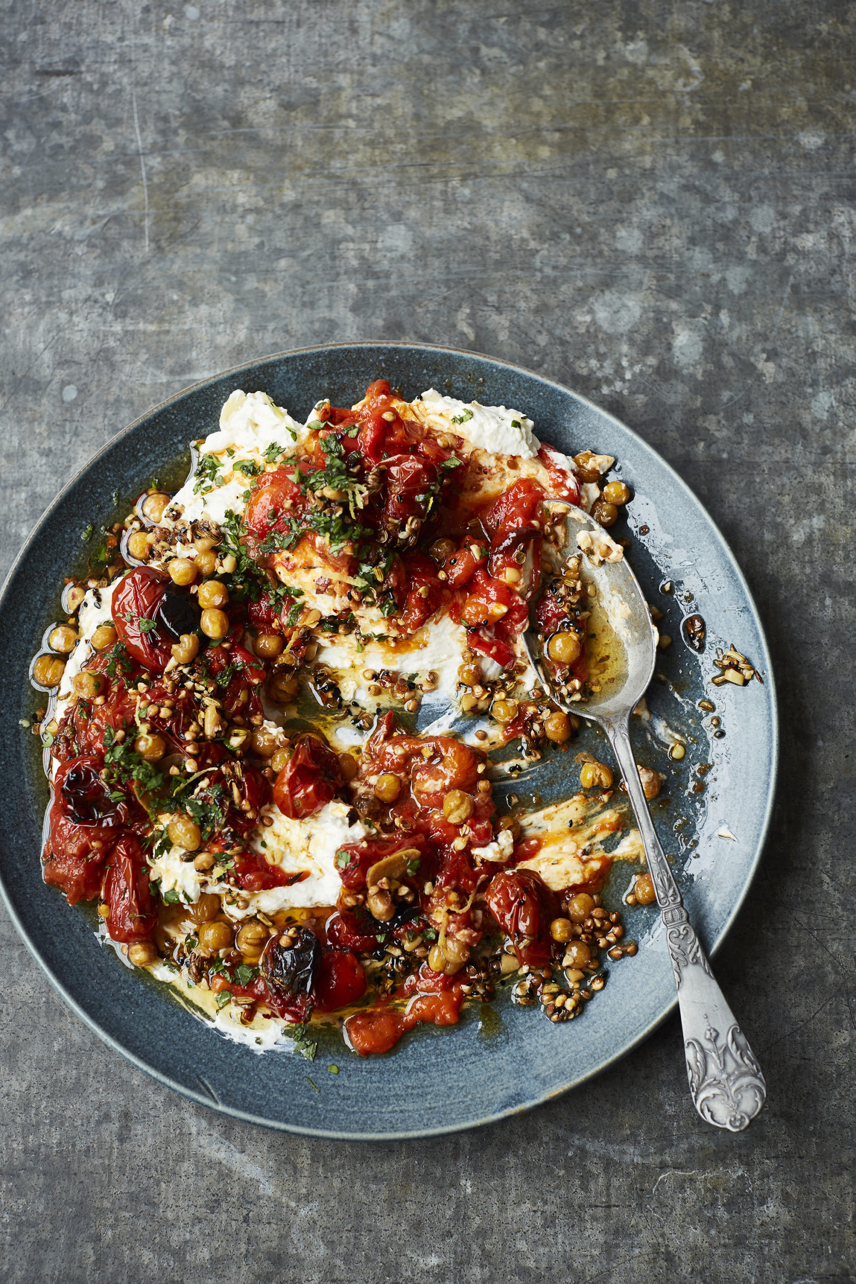 Saffron Roasted Peppers and Tomatoes, Crispy Chickpeas and Buckwheat with Labneh - Another Pantry