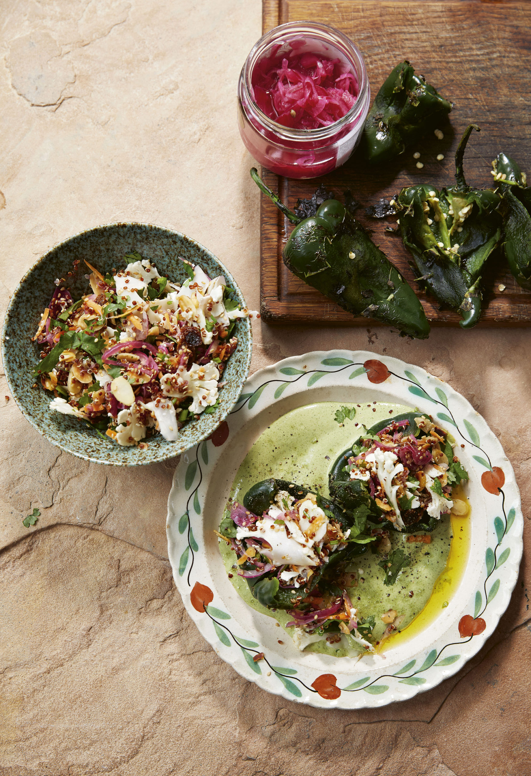 Summer Poblano Peppers with Crunchy Cauliflower Salad and Wild Herb Mole - Another Pantry
